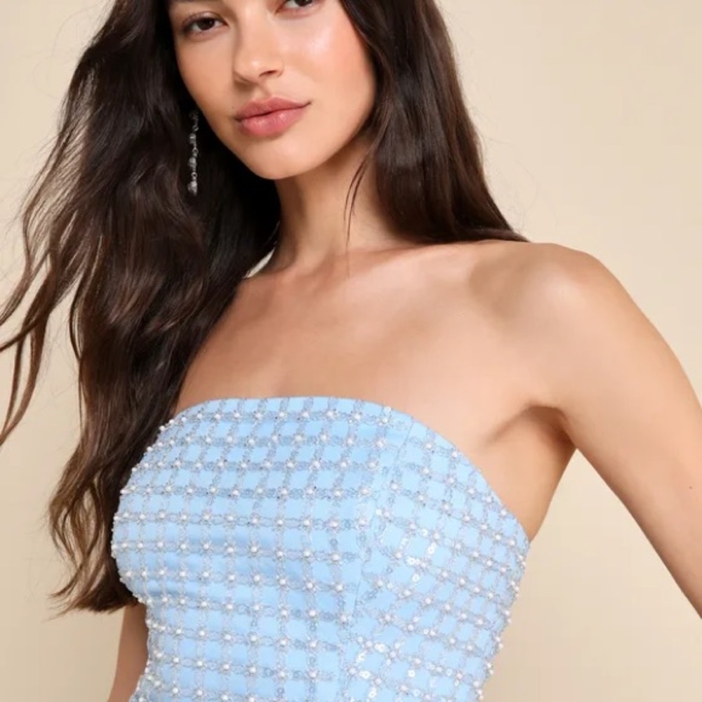 Lulus Perfectly Luxurious Light Blue Pearl Strapless Maxi Dress - Picture 3 of 10